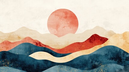 Abstract landscape artwork inspired by classical Chinese aesthetics featuring rolling hills, a setting sun in soft hues, and a harmonious blend of warm and cool colors for decorative appeal.