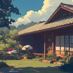 A traditional Japanese house in the countryside, with a soft cloudy sky, diffused light casting a serene glow over the wooden structure, surrounded by lush green field. Created using generative AI.