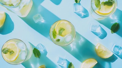 Panoramic flat lay of refreshing lemonade with mint in clear glasses, ice cubes, and lemon slices on a vibrant blue background.