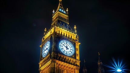 Clock tower illuminated at night, bright lights highlighting its architectural beauty against a dark sky