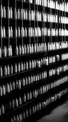A monochromatic display of white bottles hanging on black shelves, creating a striking contrast in an artistic setting.