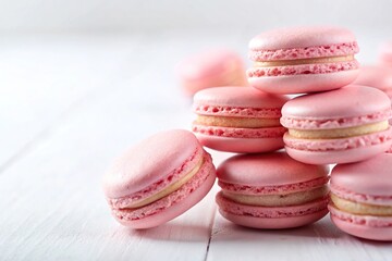Obraz premium Pastel pink macarons on a white background, pastry, pastel pink, baked goods, dessert