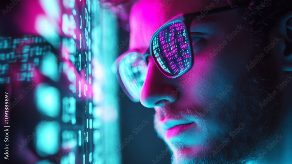 Aufkleber a young man stands closely to a screen filled with digital data. his glasses reflect vibrant neon co