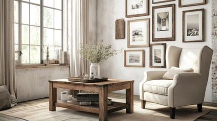 Scandinavian living room featuring a cozy wing chair next to a rustic wooden coffee table, enhanced by picture frames on an accent wall.