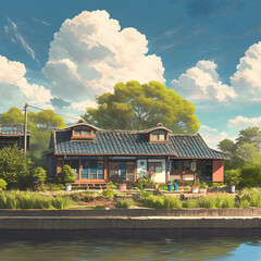 A traditional Japanese house in the countryside, with a soft cloudy sky, diffused light casting a serene glow over the wooden structure, surrounded by lush green field. Created using generative AI.