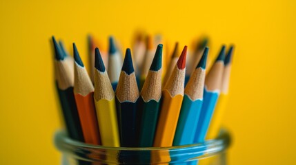 Fototapeta premium Close-up of colorful pencils in glass jar against yellow background