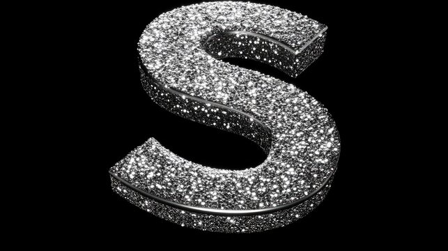 Glittering silver capital letter S in a sparkling 3D format, showcasing intricate details and shimmering textures against a black background.