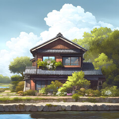 A traditional Japanese house in the countryside, with a soft cloudy sky, diffused light casting a serene glow over the wooden structure, surrounded by lush green field. Created using generative AI.