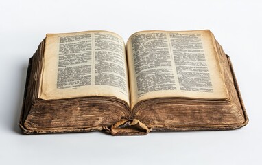 Obraz premium Open hardcover book with visible text and pages, placed neatly on a white background, professional studio lighting 