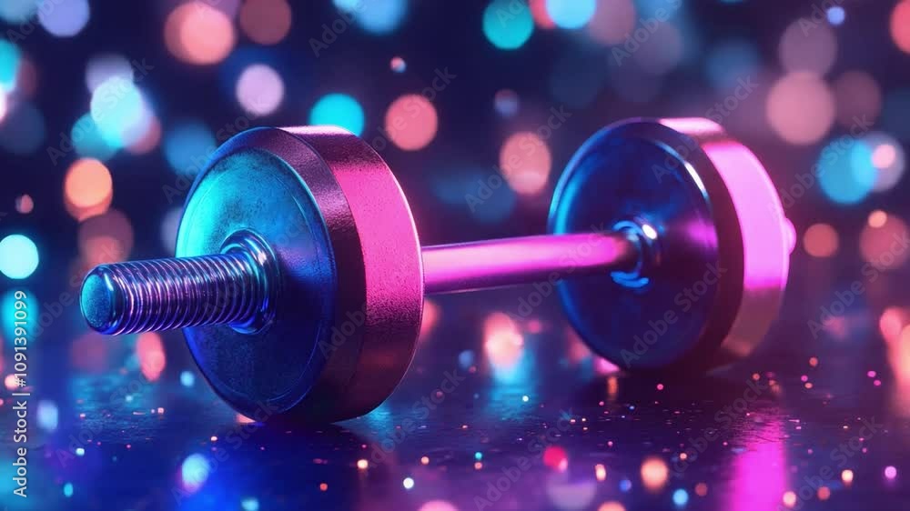Poster a vibrant dumbbell resting on a reflective surface with colorful bokeh lights in the background at n