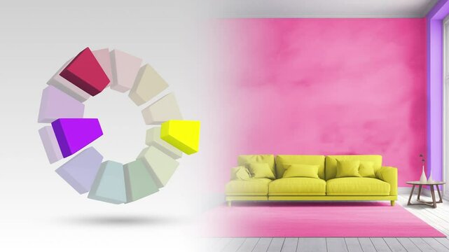 Split complementary color scheme of red violet,yellow,blue violet for living interior