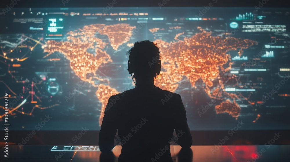 Poster In an advanced control center, a strategist wearing headphones studies a large digital map displaying illuminated data points across the globe, focusing intently on key trends and information.