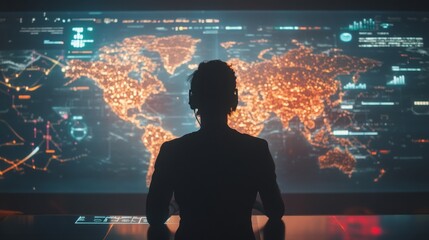 In an advanced control center, a strategist wearing headphones studies a large digital map displaying illuminated data points across the globe, focusing intently on key trends and information.