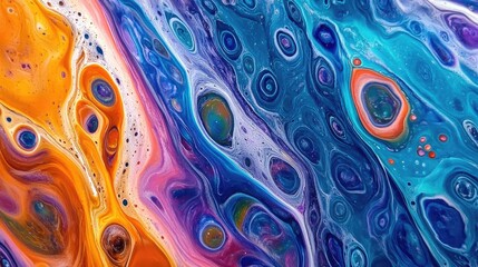 Close-up of vibrant alcohol ink marbling with bold orange, deep blue, and swirling patterns creating a dynamic, fluid texture reminiscent of natural marble formations.