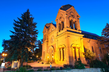 The Cathedral Basilica of St. Francis of Assisi in Santa Fe, New Mexico, USA at blue hour.