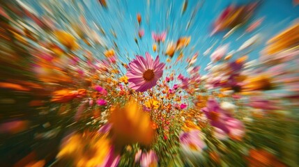 Colorful Wildflowers Blurring in Motion with Clear Blue Sky Background in a Dynamic Time Lapse Effect