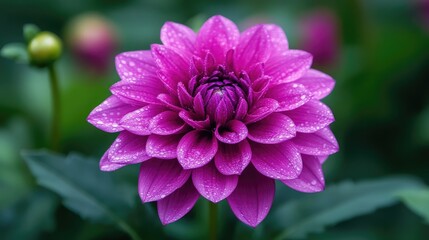 Obraz premium Close-up view of a vibrant purple flower with delicate petals and shimmering water droplets, perfect for floral and nature-themed projects.