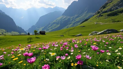 Obraz premium Vibrant Alpine Meadow Blooming with Wildflowers, Surrounded by Majestic Mountains, Perfect for Wall Art or Nature Photography Enthusiasts