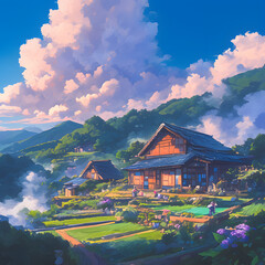 A traditional Japanese house in the countryside, with a soft cloudy sky, diffused light casting a serene glow over the wooden structure, surrounded by lush green field. Created using generative AI.