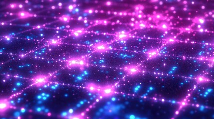 Obraz premium Glowing abstract grid surface filled with vibrant purple and blue particles, illustrating connections and data flow in digital science and the internet of things.