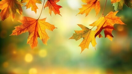 Fototapeta premium Vibrant golden autumn leaves with warm tones against a soft green background, showcasing selective focus and a dreamy bokeh effect.