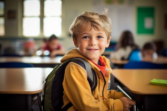 Portrait of a little boy sitting at desk in elementary school classroom