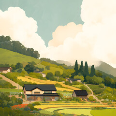 A traditional Japanese house in the countryside, with a soft cloudy sky, diffused light casting a serene glow over the wooden structure, surrounded by lush green field. Created using generative AI.