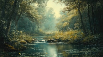Obraz premium Serene Stream Meandering Through Dense Green Forest with Soft Morning Light and Gentle Reflections on the Water Surface