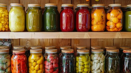 Colorful jars of preserved vegetables on wooden shelf
