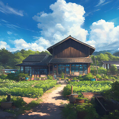 A traditional Japanese house in the countryside, with a soft cloudy sky, diffused light casting a serene glow over the wooden structure, surrounded by lush green field. Created using generative AI.