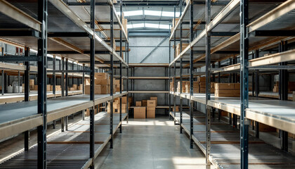 Obraz premium Empty metal shelves in a storage room or warehouse.