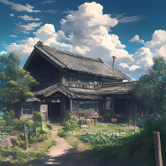 A traditional Japanese house in the countryside, with a soft cloudy sky, diffused light casting a serene glow over the wooden structure, surrounded by lush green field. Created using generative AI.