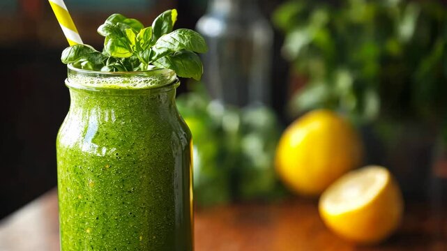 Green smoothie in glass bootle Video