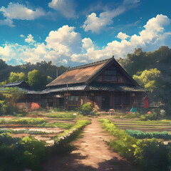 A traditional Japanese house in the countryside, with a soft cloudy sky, diffused light casting a serene glow over the wooden structure, surrounded by lush green field. Created using generative AI.