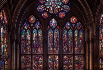 Fototapeta premium A gothic style stained glass window with arches and deep jewel tones, AI Generated