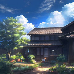 A traditional Japanese house in the countryside, with a soft cloudy sky, diffused light casting a serene glow over the wooden structure, surrounded by lush green field. Created using generative AI.