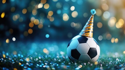 Colorful soccer ball wearing a party hat on a sparkling grassy background creating a festive atmosphere perfect for kids' sports-themed birthday celebrations.