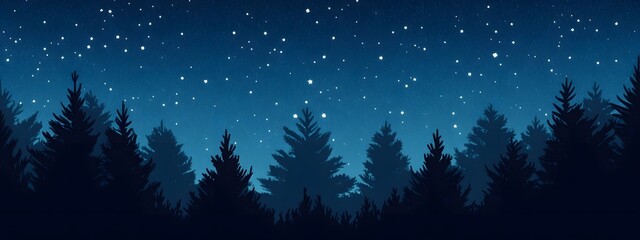 Starry night sky over the forest, stars twinkling in a dark background of trees