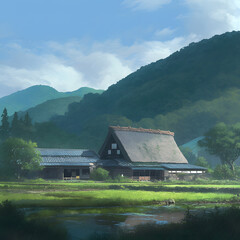A traditional Japanese house in the countryside, with a soft cloudy sky, diffused light casting a serene glow over the wooden structure, surrounded by lush green field. Created using generative AI.