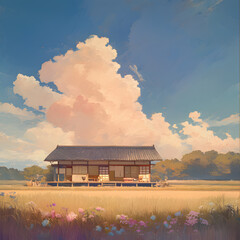 A traditional Japanese house in the countryside, with a soft cloudy sky, diffused light casting a serene glow over the wooden structure, surrounded by lush green field. Created using generative AI.