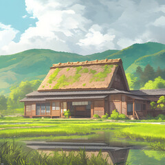 A traditional Japanese house in the countryside, with a soft cloudy sky, diffused light casting a serene glow over the wooden structure, surrounded by lush green field. Created using generative AI.