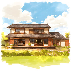 A traditional Japanese house in the countryside, with a soft cloudy sky, diffused light casting a serene glow over the wooden structure, surrounded by lush green field. Created using generative AI.