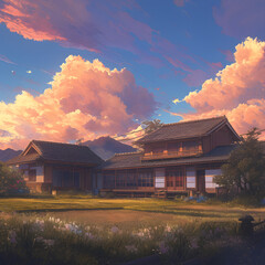 A traditional Japanese house in the countryside, with a soft cloudy sky, diffused light casting a serene glow over the wooden structure, surrounded by lush green field. Created using generative AI.