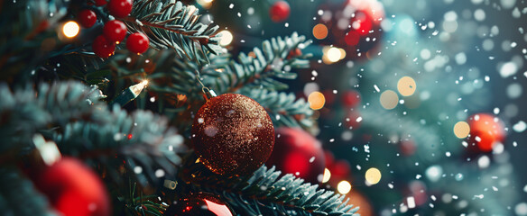 Festive Christmas background with sparkling lights, decorated tree, red and gold baubles and falling snow. Background is blurred, winter banner for Christmas card or social media post