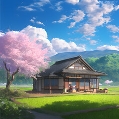 A traditional Japanese house in the countryside, with a soft cloudy sky, diffused light casting a serene glow over the wooden structure, surrounded by lush green field. Created using generative AI.