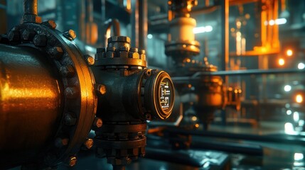 Fototapeta premium Close-up of refinery pipelines and valves in an industrial setting, showcasing the intricate machinery of oil processing