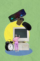 Vertical photo collage of anonym girl freelancer touch pc monitor coffee cup time deadline mouse...
