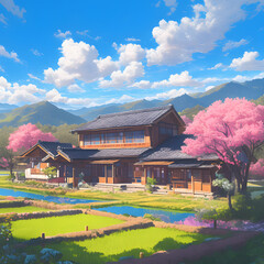 A traditional Japanese house in the countryside, with a soft cloudy sky, diffused light casting a serene glow over the wooden structure, surrounded by lush green field. Created using generative AI.