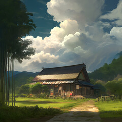 A traditional Japanese house in the countryside, with a soft cloudy sky, diffused light casting a serene glow over the wooden structure, surrounded by lush green field. Created using generative AI.