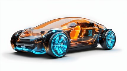 Fototapeta premium futuristic electric car, fully visible, smooth transparent structure, showcasing cutting-edge battery, illuminated blue highlights, state-of-the-art battery technology, dynamic energy movement,